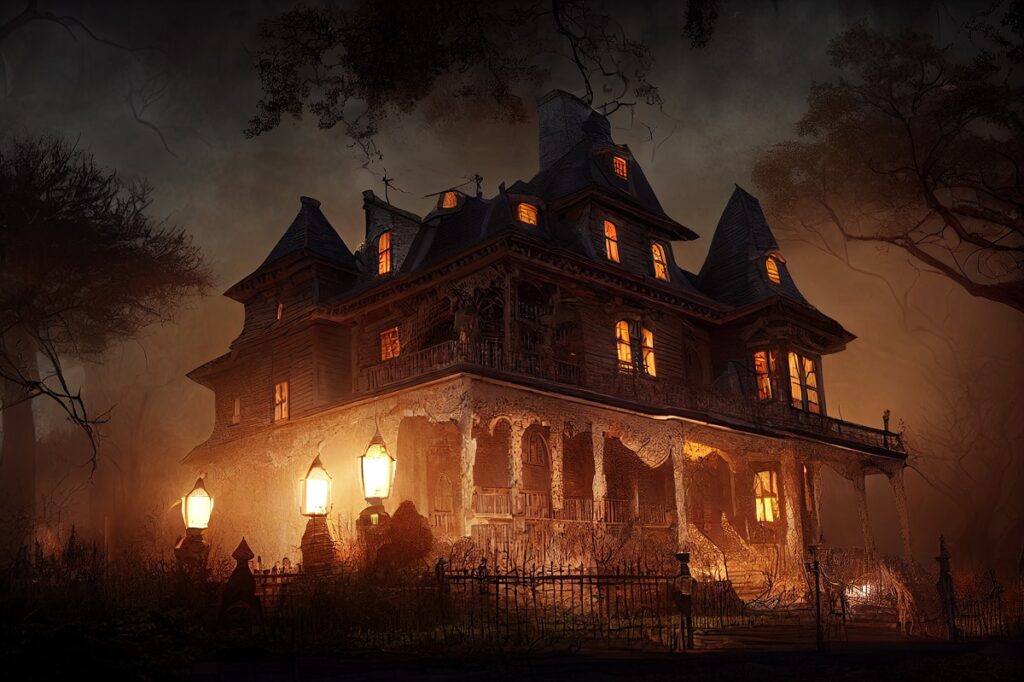 haunted old mansion on Halloween night