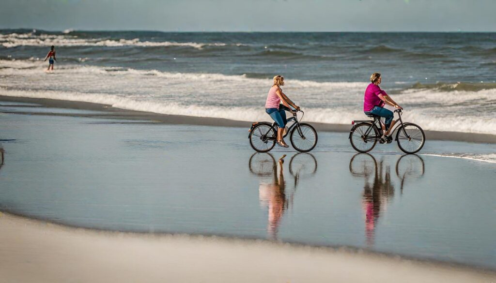 A pair of people riding bicycles on the beach in North Myrtle Beach