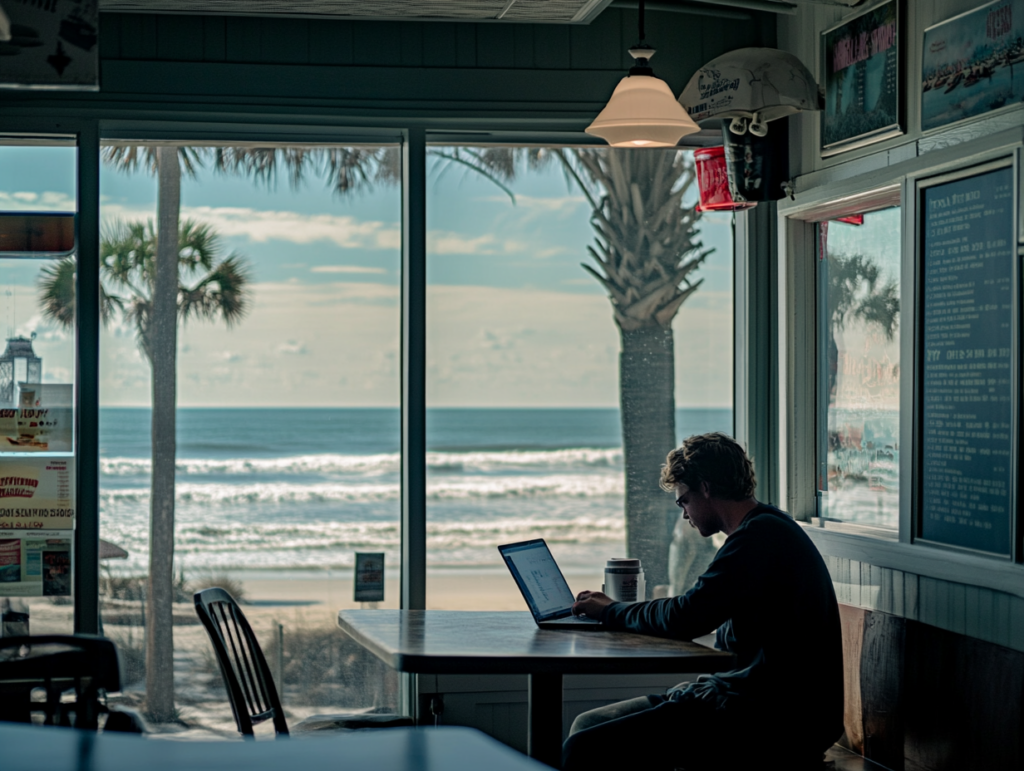 Person working on laptop in a coffee shop - North Myrtle Beach - Thomas Beach Vacations