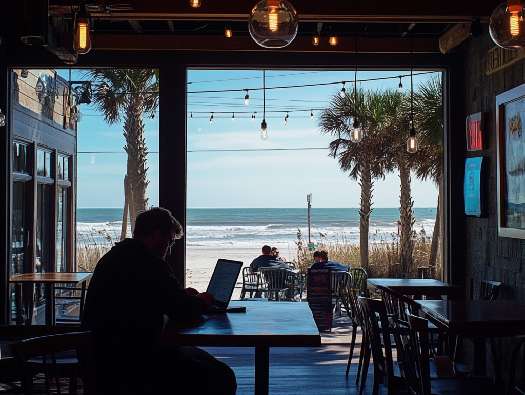 Person working on laptop in a coffee shop - North Myrtle Beach - Thomas Beach Vacations