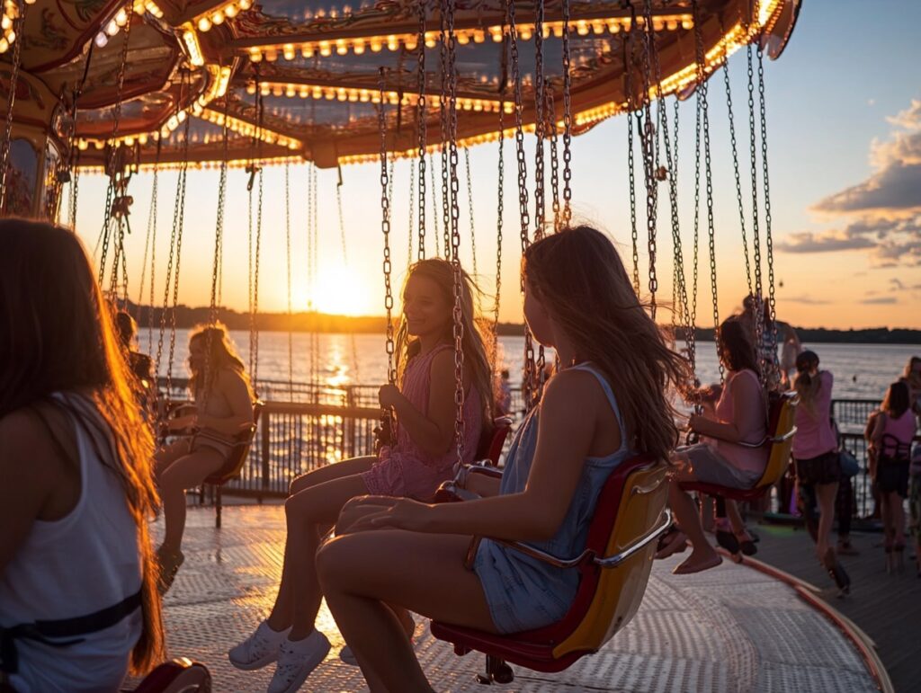 people riding a swing carousel
