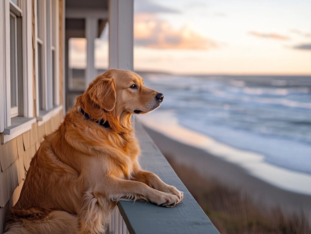 golden retriever watching the ocean