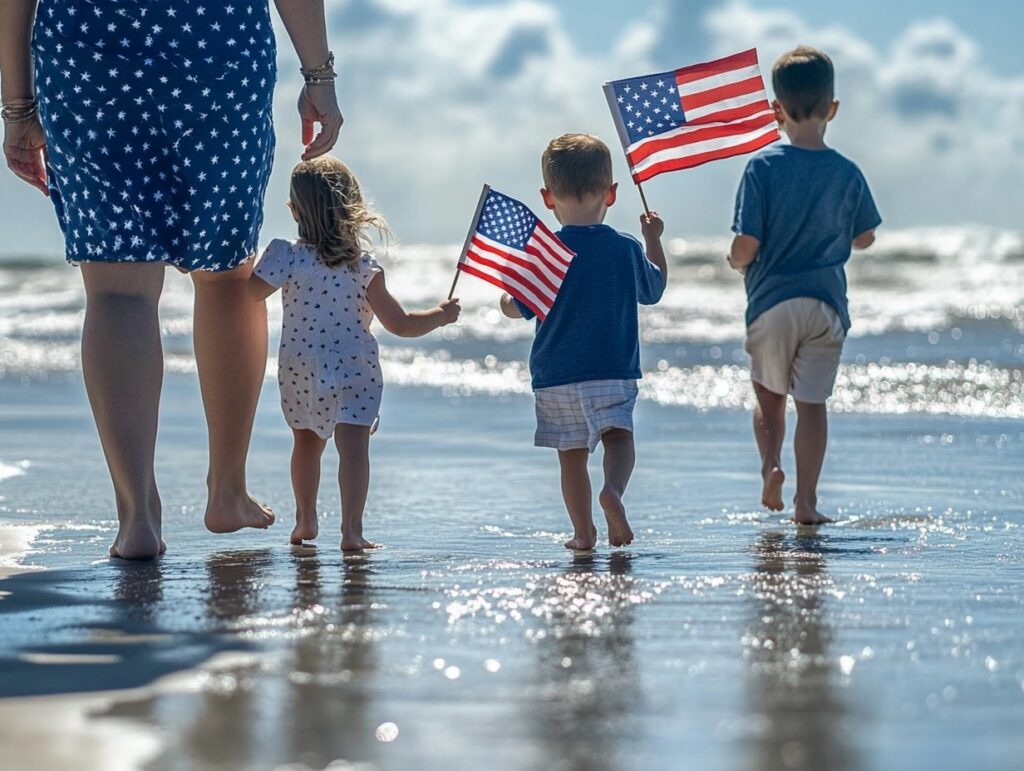 family walking barefoot in Memorial Day in North Myrtle Beach