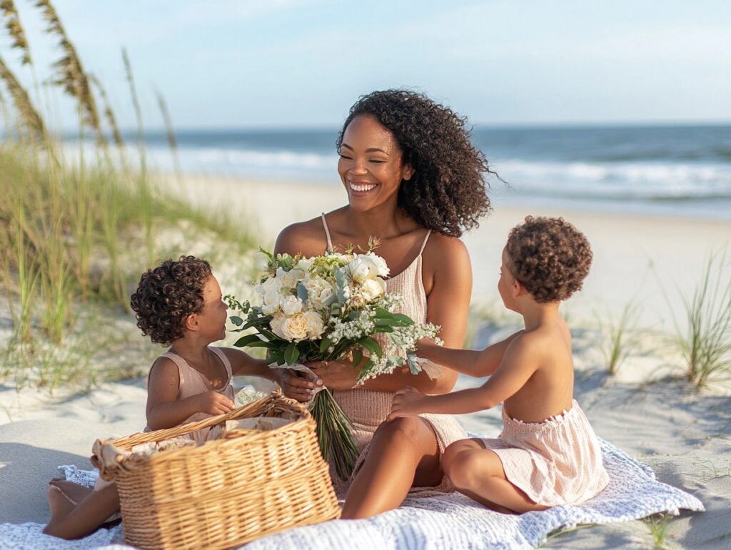 mother receiving a bouquet of flowers from her young children and her husband on the beach