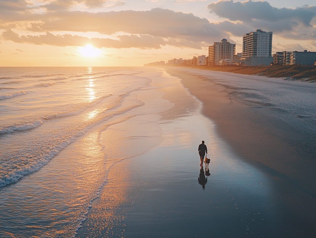 owner with a dog in leash walking along the shoreline of North Myrtle Beach