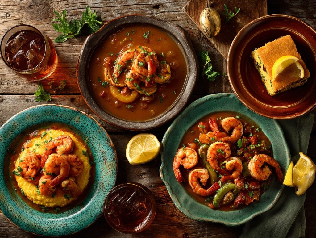 top-down view of a rustic wooden table with three plates of shrimp and grits