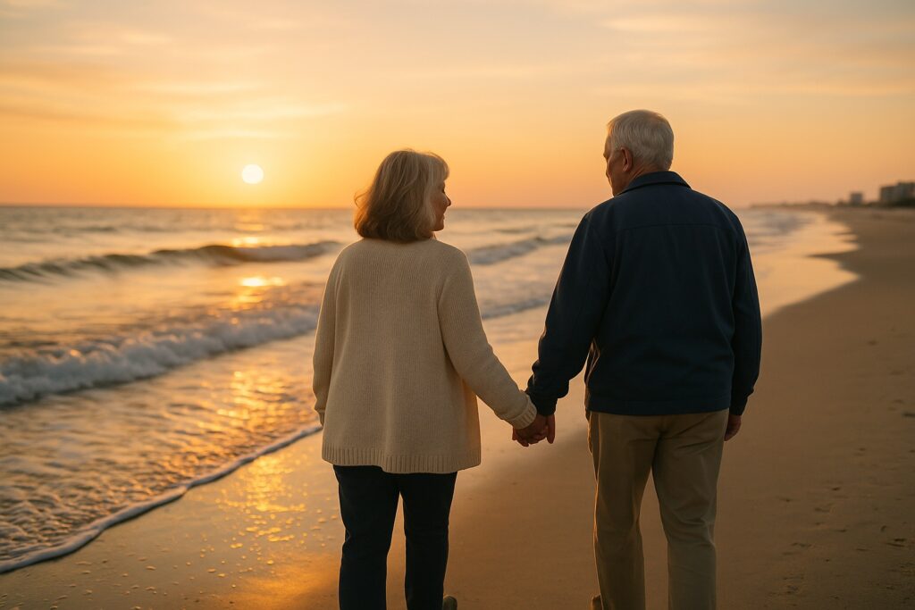 Elder couple sunset beach stroll