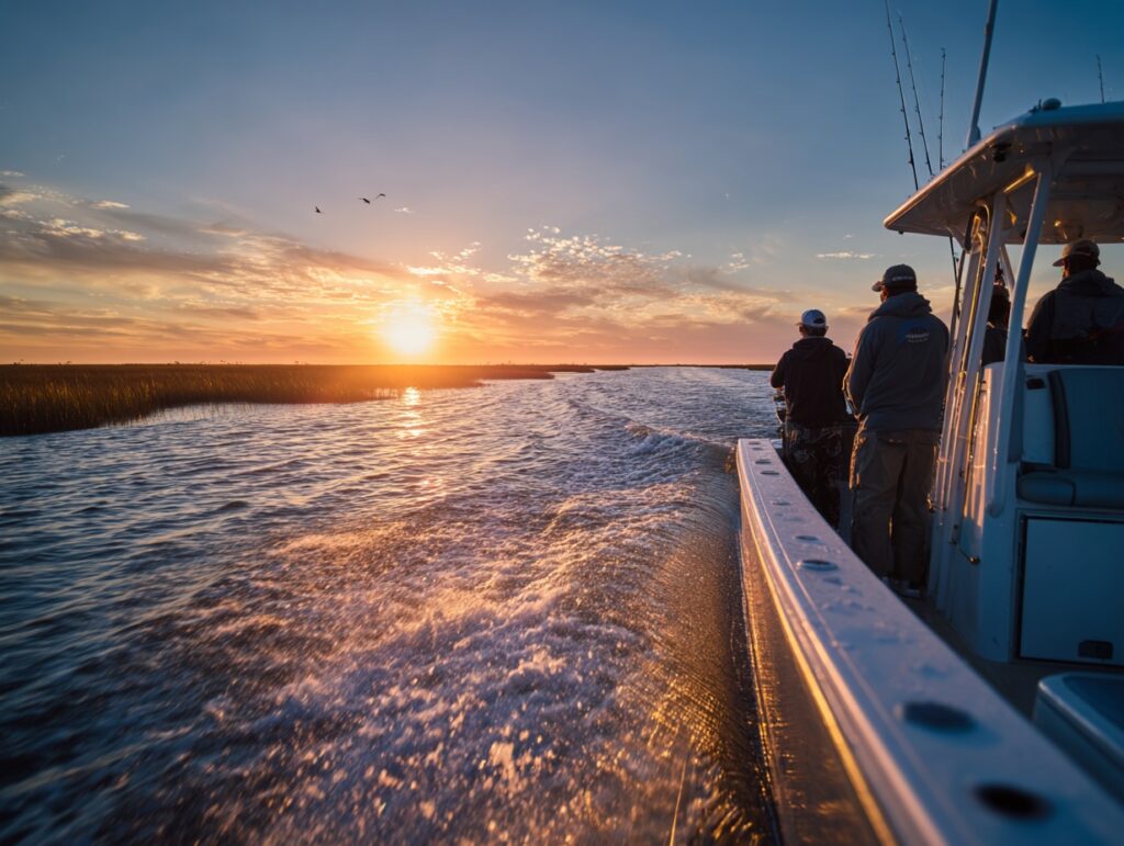 deck of a local charter boat returning at sunset