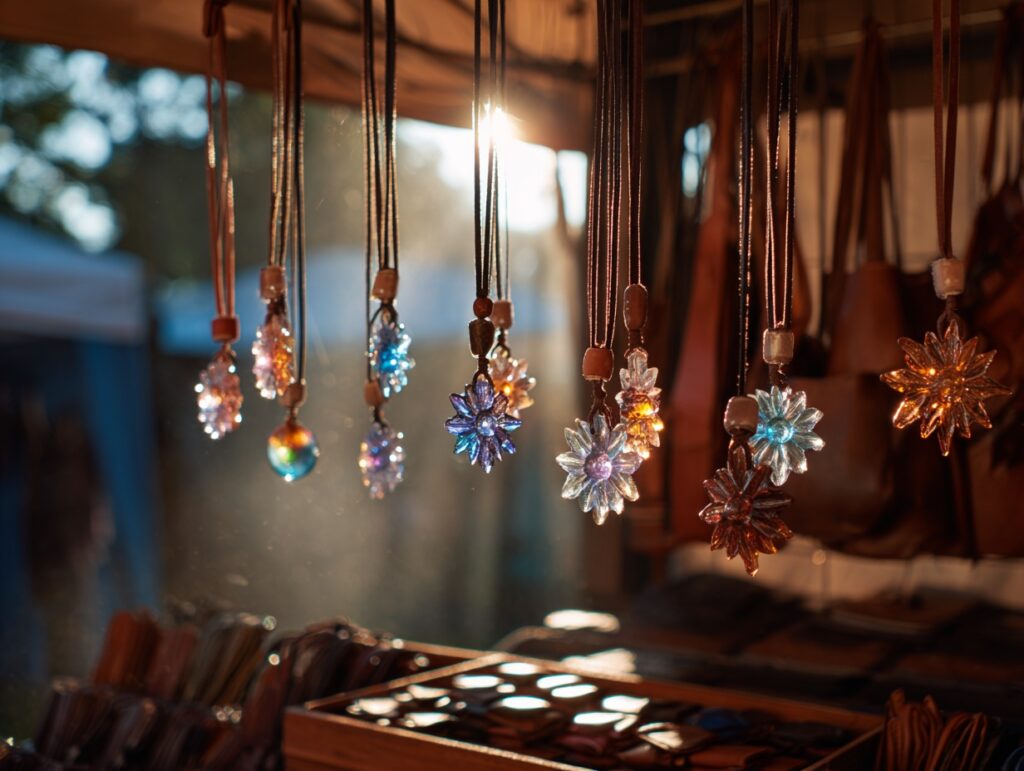 Artisan booth detail: handmade glass sun-catchers and leather goods with sunlight flares