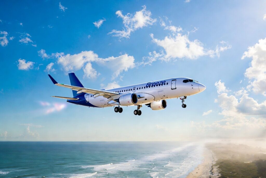 Breeze Airways Airbus A220 flying over the Myrtle Beach coastline