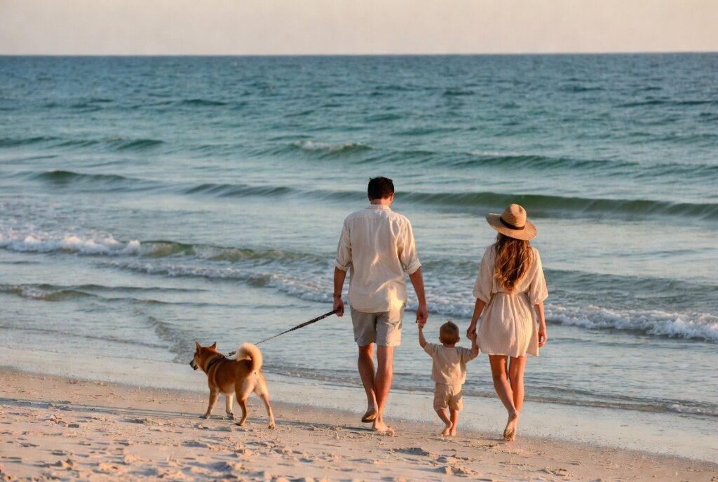 family walking dog on the beach