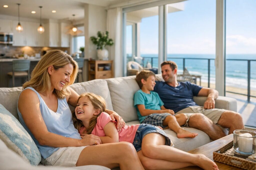 Happy family relaxing in condo in North Myrtle Beach