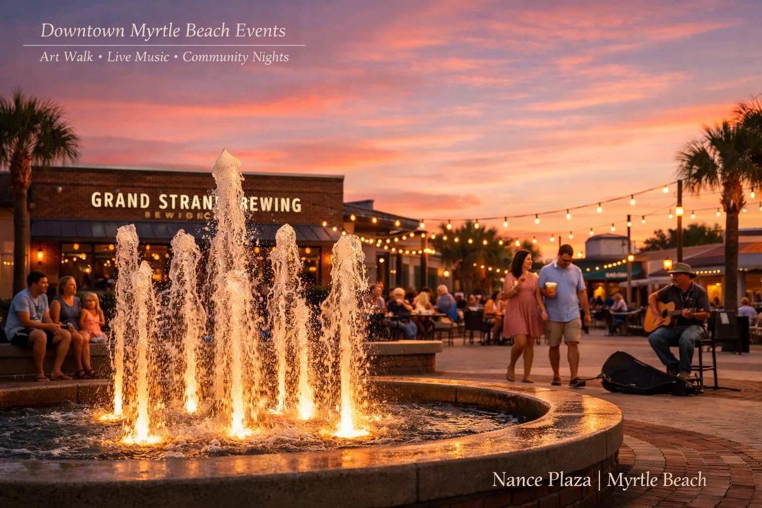 Downtown Myrtle Beach events at Nance Plaza with fountain, music, and evening atmosphere