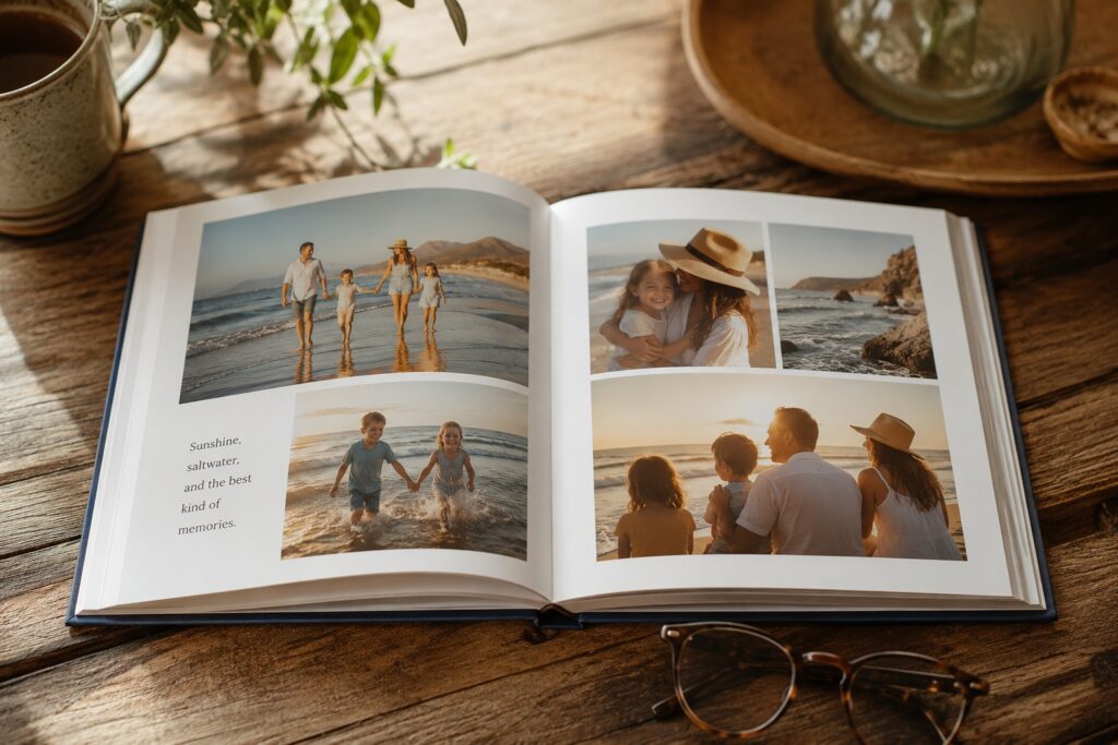 Open family photo book with beach vacation memories, a thoughtful Mother's Day gift