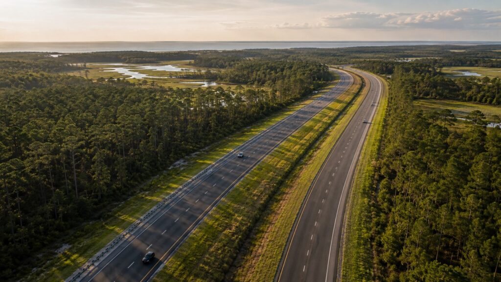 Aerial view of the Carolina Bays Parkway, Highway 31, curving through pine forest and wetlands in Horry County, South Carolina
