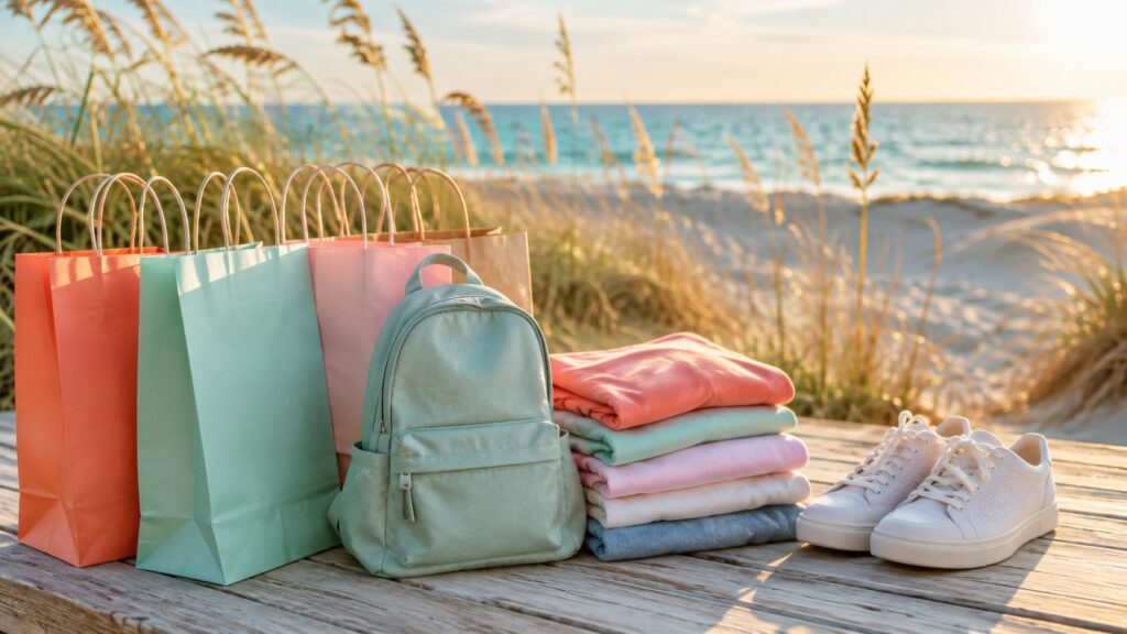 Colorful back-to-school shopping bags and beach accessories on a sunny coastal boardwalk during South Carolina Tax Free Weekend