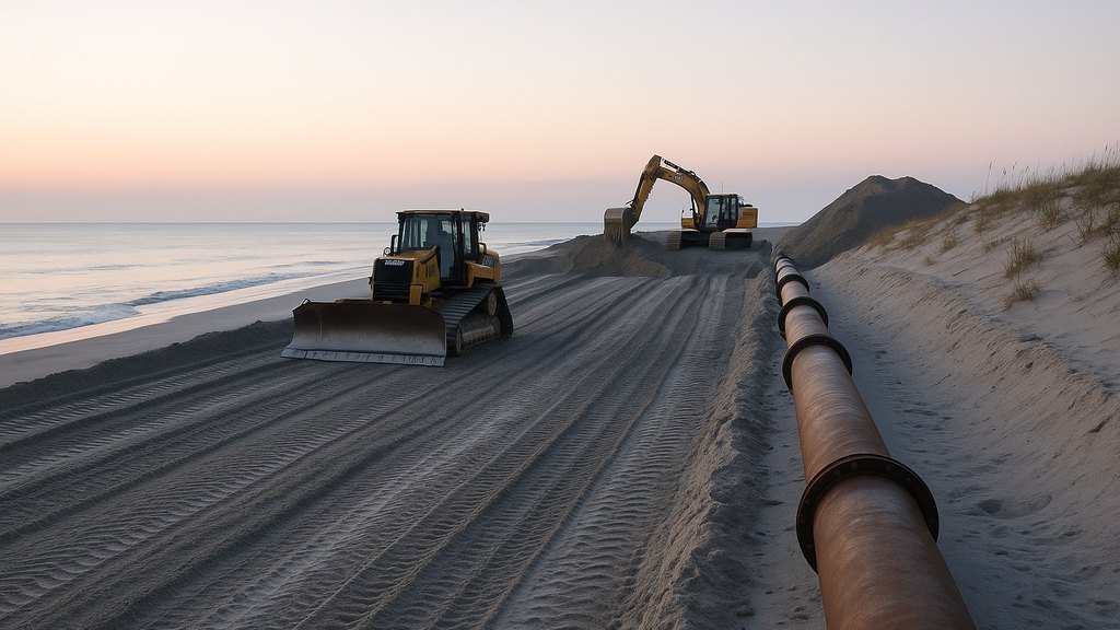 Heavy equipment and dredge pipeline building a wide sand berm on a South Carolina beach at sunrise