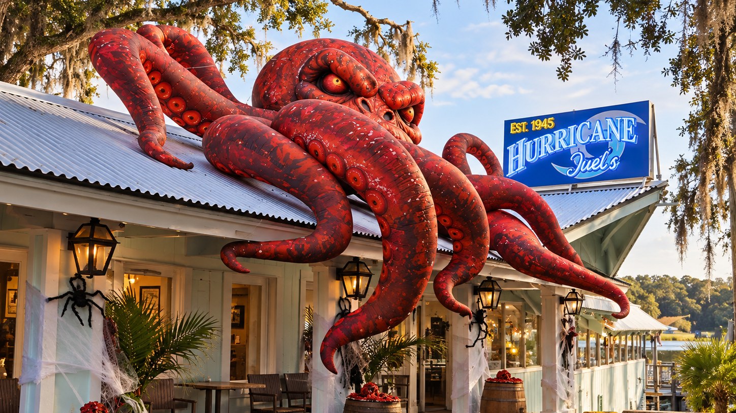 Giant red octopus air sculpture draped across a waterfront restaurant roof in Little River for WaterFright Nights
