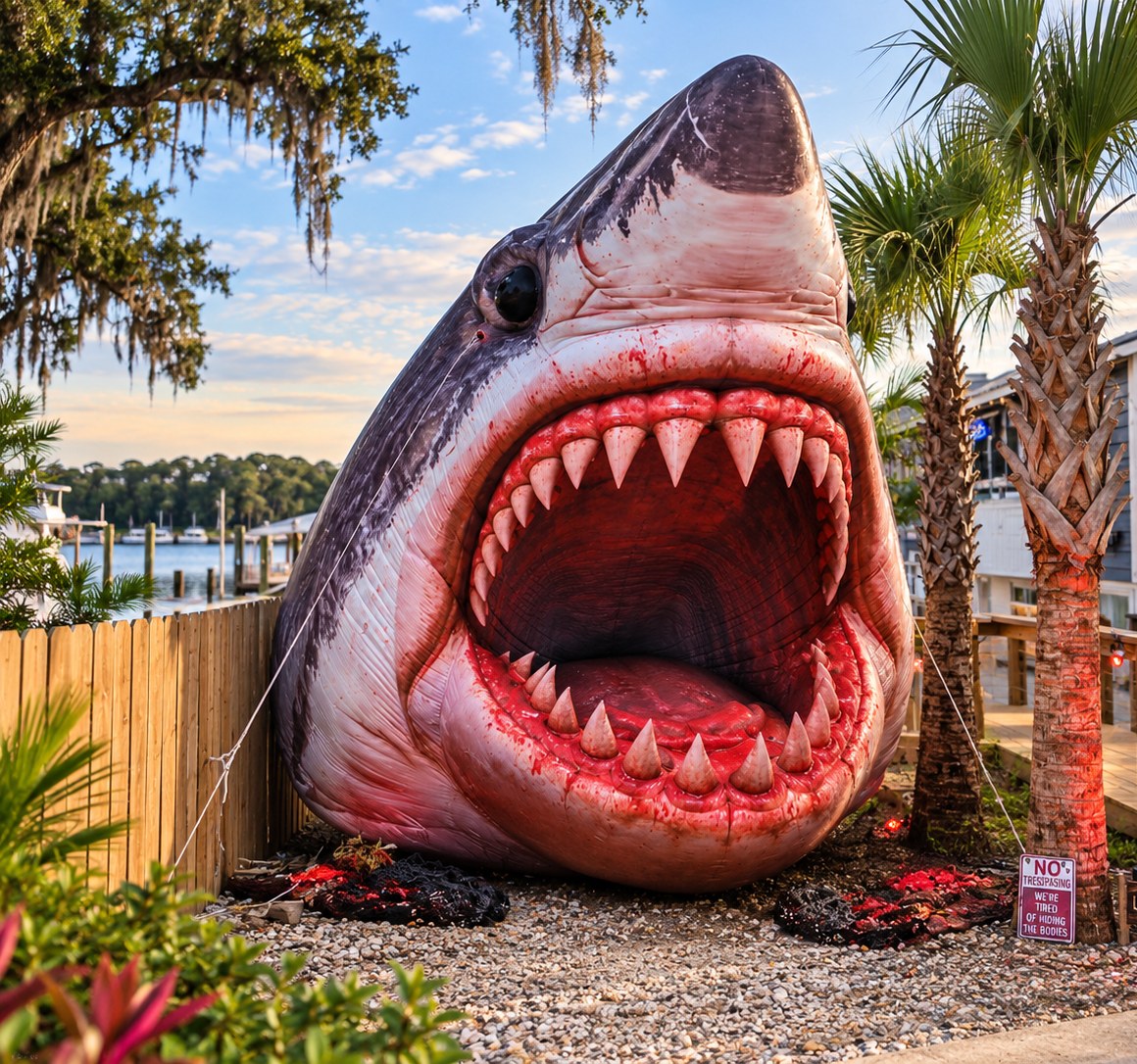Giant inflatable great white shark with open jaws beside palm trees on the Little River waterfront at sunset