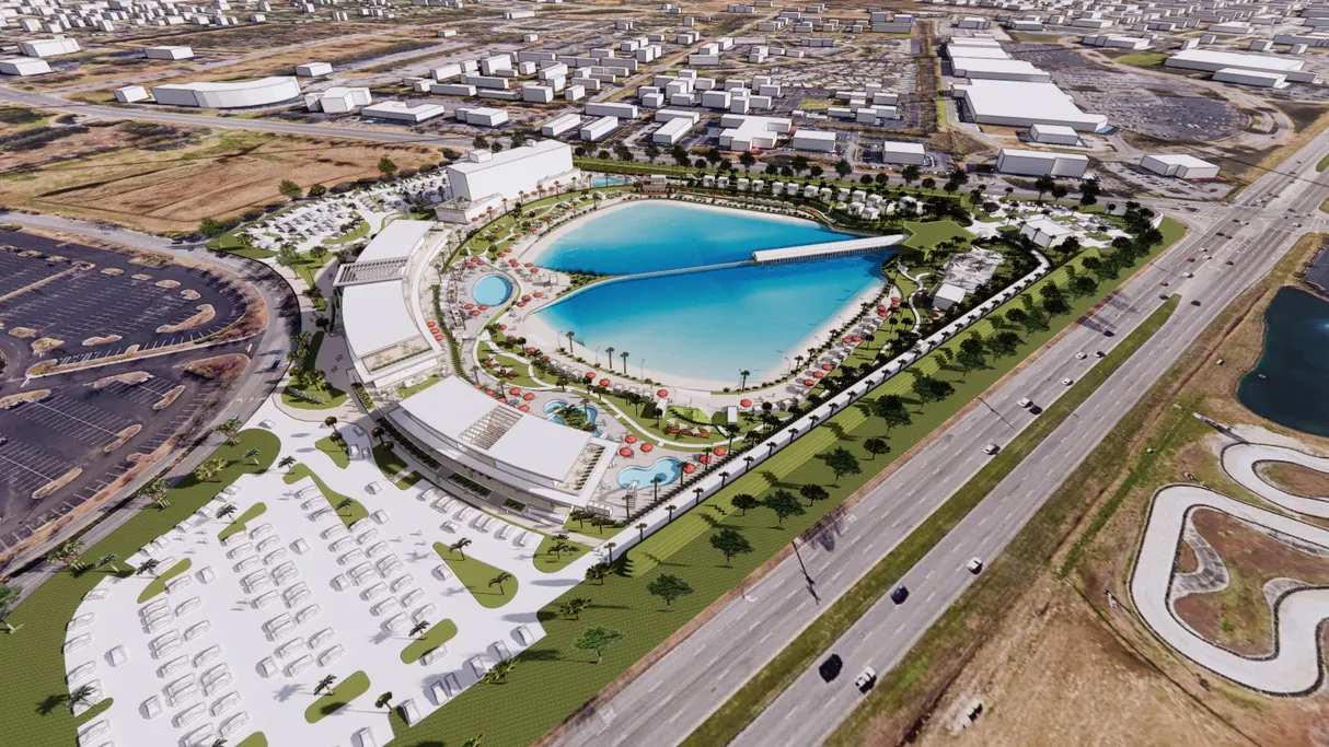 Aerial rendering of the planned Myrtle Beach surf park, with a Wavegarden surf lagoon, hotel and pools beside the US 17 Bypass near Broadway at the Beach