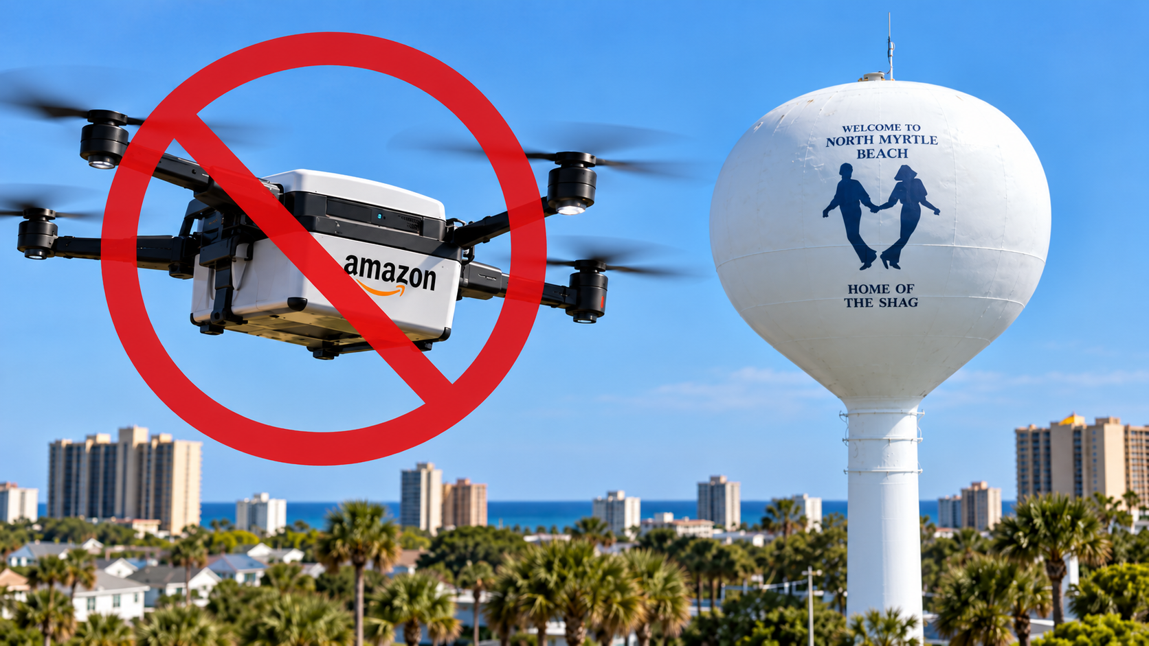Illustration of an Amazon delivery drone crossed out beside the North Myrtle Beach water tower reading Home of the Shag