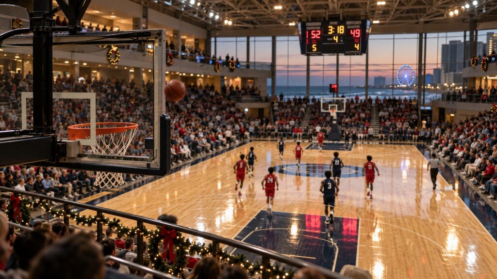 High school basketball game under arena lights during the Beach Ball Classic in Myrtle Beach