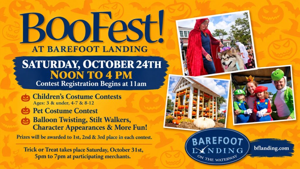 BooFest at Barefoot Landing flyer for Saturday, October 24, 2026 with costume contests and a pumpkin display