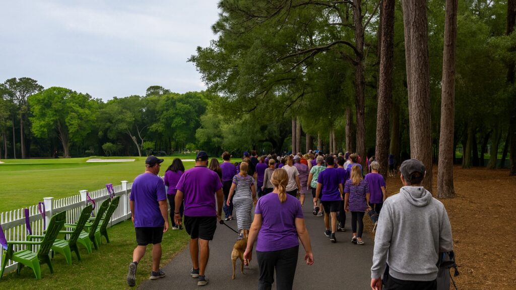 Community walkers, many in purple shirts, stroll a tree-lined path under tall pines and live oaks past a white picket fence with purple ribbons