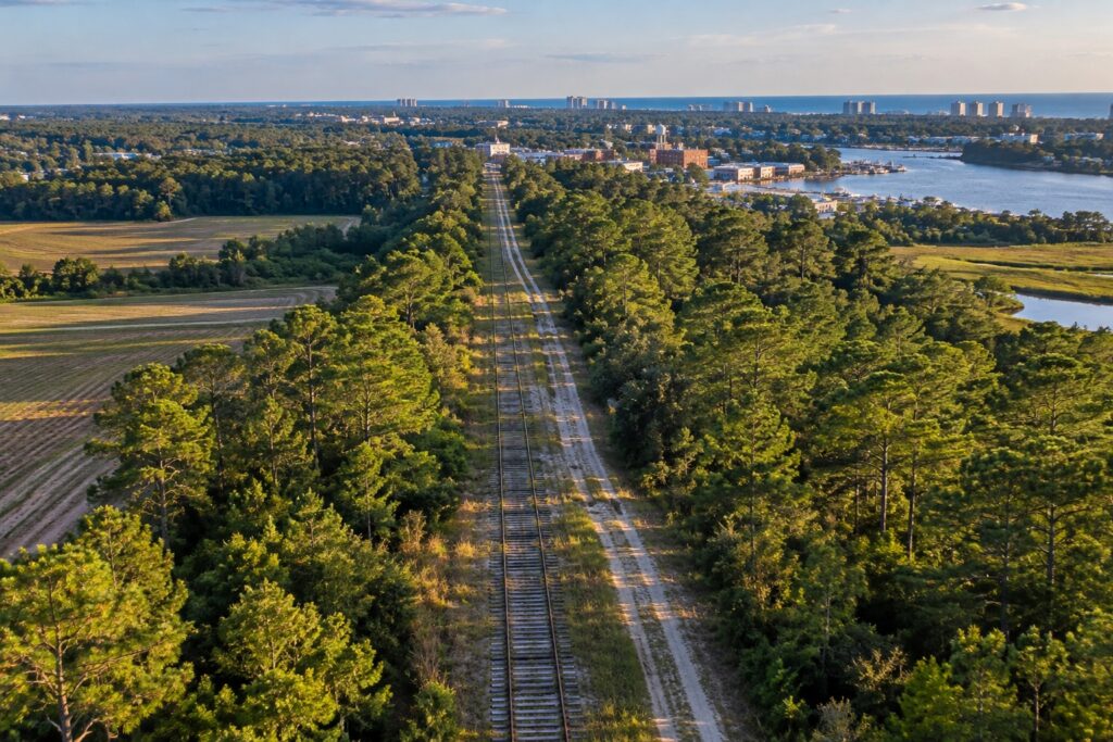 Aerial view of an old railroad corridor through pine forest between Conway and Myrtle Beach
