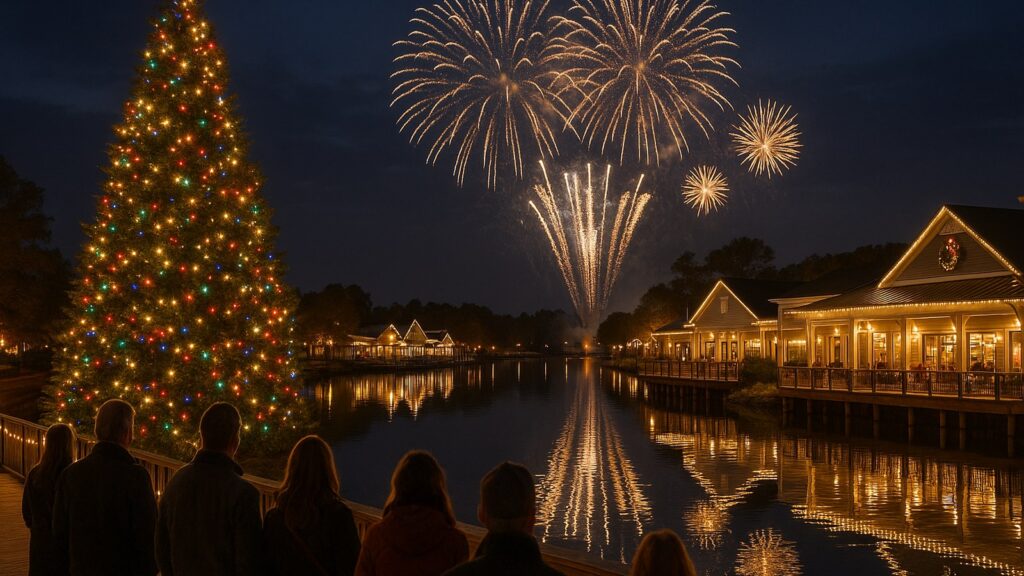 Lighted Christmas tree and fireworks over the lake at Barefoot Landing in North Myrtle Beach