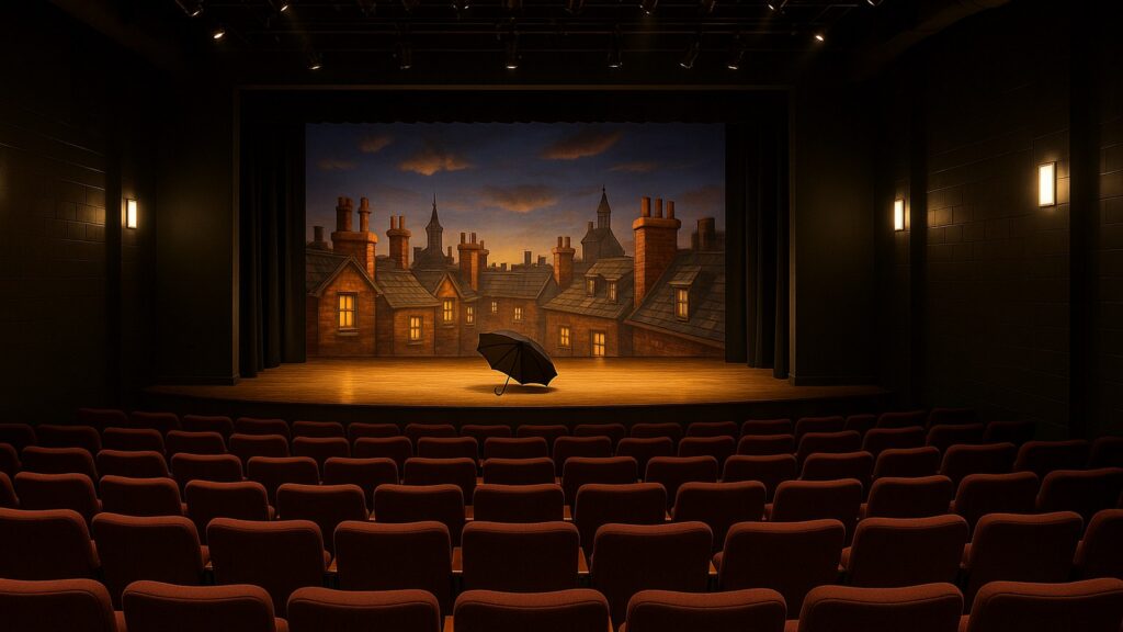 Empty red seats facing a lit stage with a London rooftop set and an open black umbrella inside a new 200-seat downtown Myrtle Beach theater