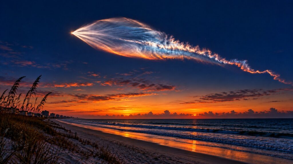 Glowing jellyfish-shaped rocket plume over the ocean at dawn seen from a North Myrtle Beach beach with sea oats and oceanfront buildings